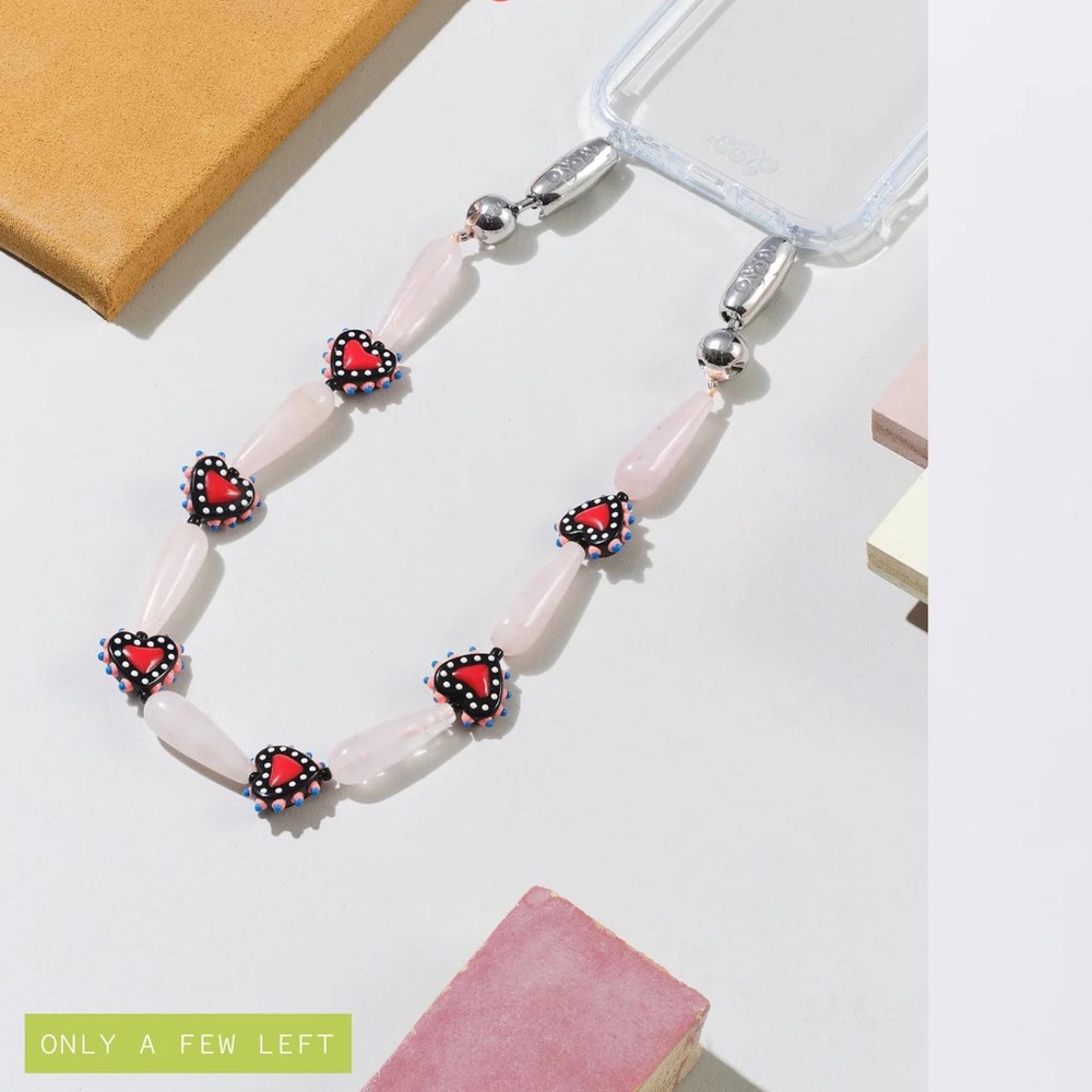 Decorative Pink Beaded Phone Case Strap with Red Heart Accents
